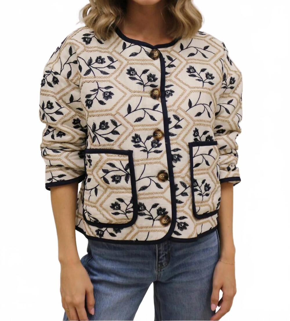 NEW ENTRO portman quilted embroidered floral jacket in cream navy - Picture 7 of 8